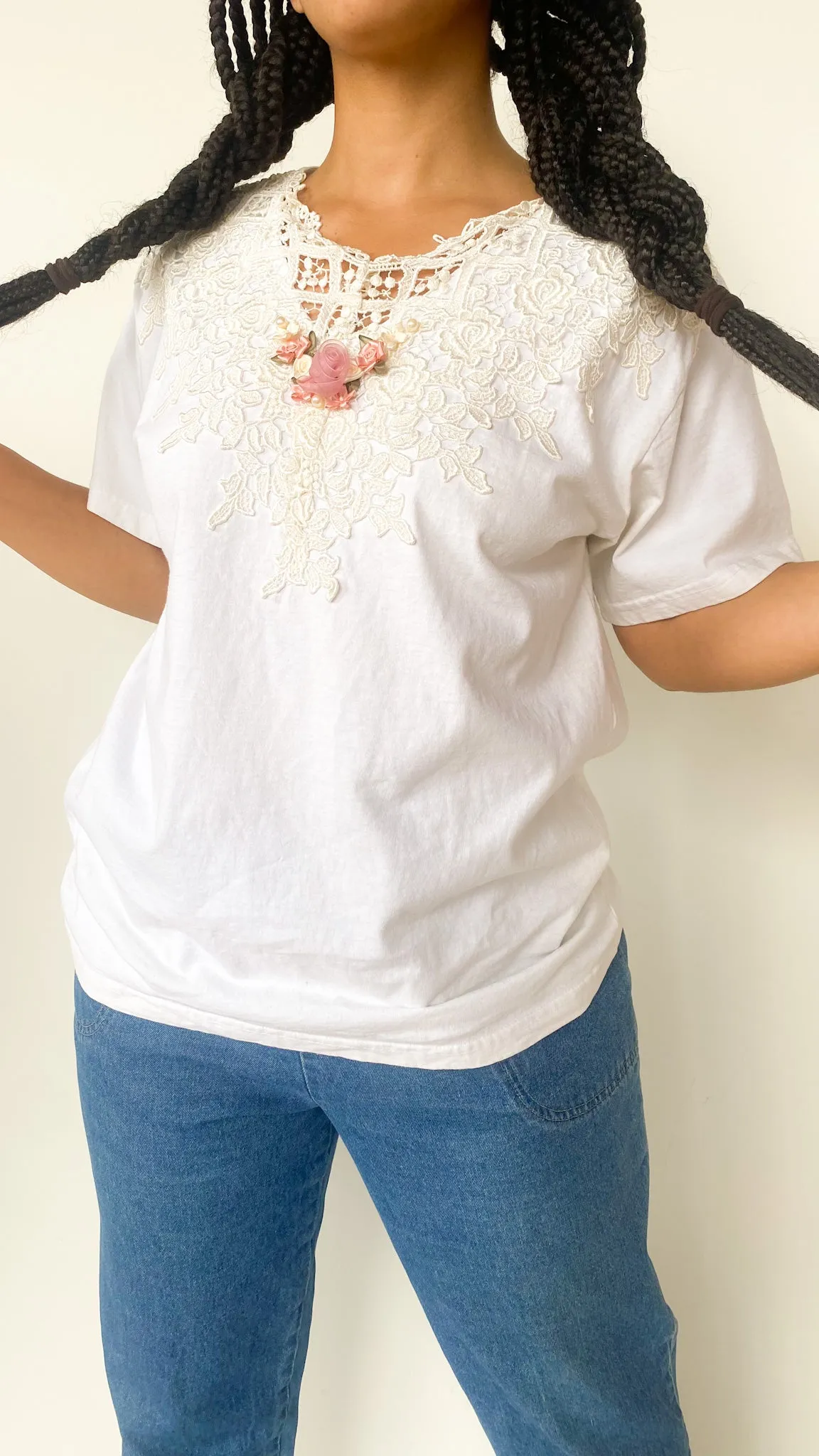 1980s Chalet Lace Top Tee, sz. XL