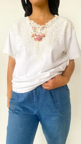 1980s Chalet Lace Top Tee, sz. XL