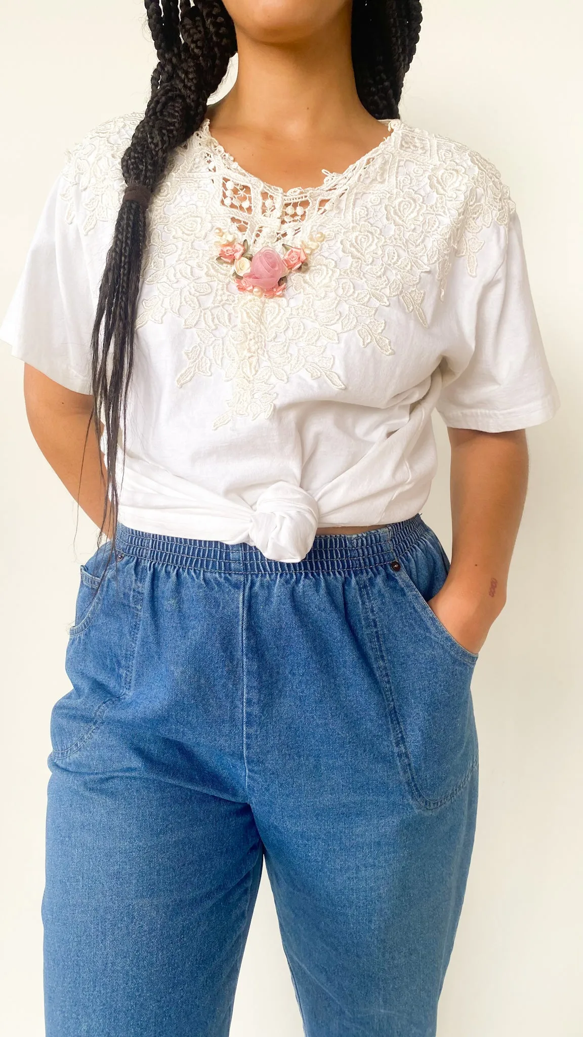 1980s Chalet Lace Top Tee, sz. XL