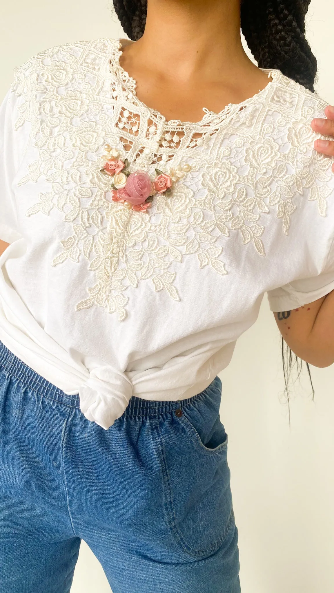 1980s Chalet Lace Top Tee, sz. XL