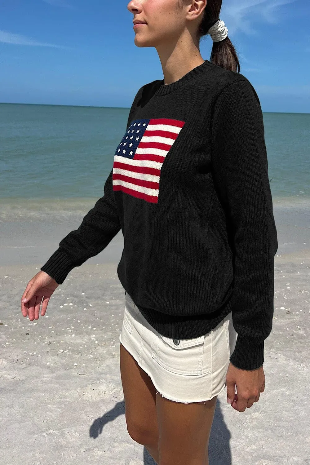 Adoeren Women American Flag Sweater Vintage Long Sleeve Crewneck Knitted Jumper Oversized Aesthetic Knit Pullover Top