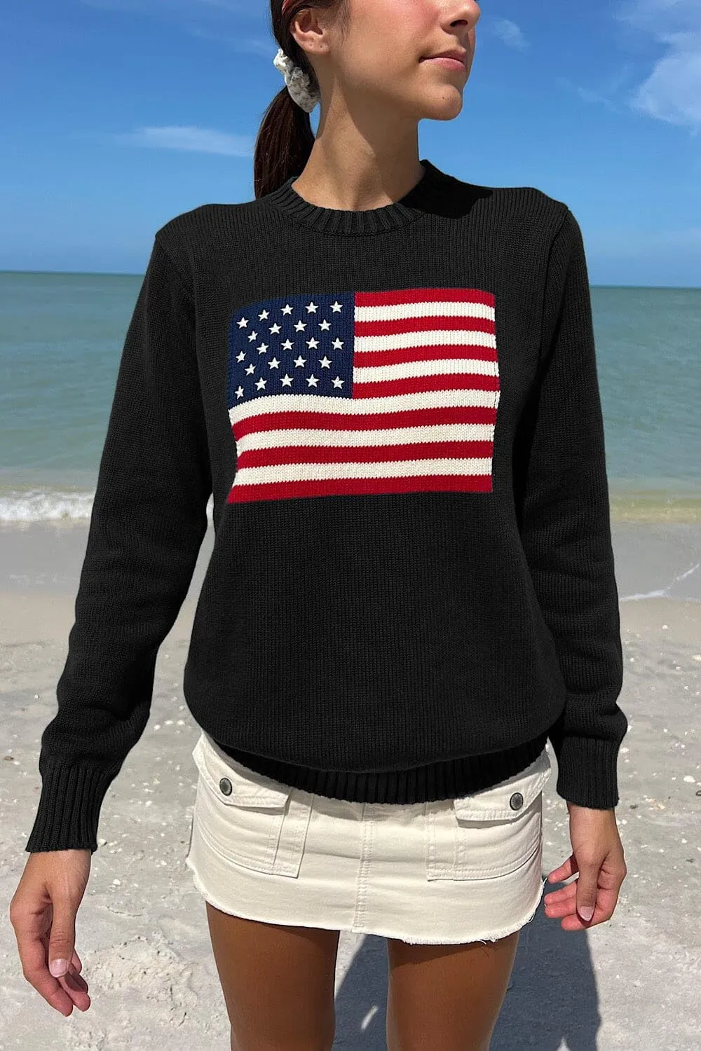Adoeren Women American Flag Sweater Vintage Long Sleeve Crewneck Knitted Jumper Oversized Aesthetic Knit Pullover Top