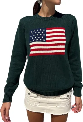 Adoeren Women American Flag Sweater Vintage Long Sleeve Crewneck Knitted Jumper Oversized Aesthetic Knit Pullover Top