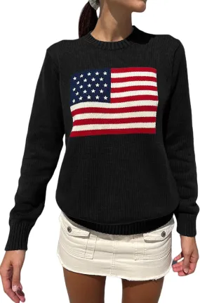 Adoeren Women American Flag Sweater Vintage Long Sleeve Crewneck Knitted Jumper Oversized Aesthetic Knit Pullover Top