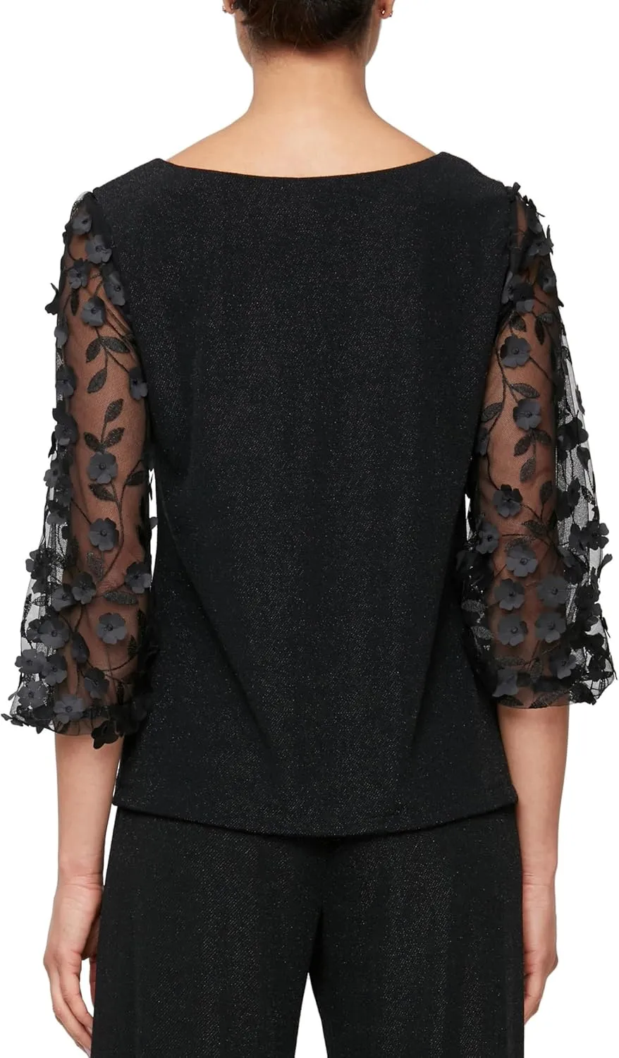Alex Evenings Women's Metallic Knit 3/4 Blouse with 3-d Flower Illusion Sleeves, Formal Event Dress Shirt