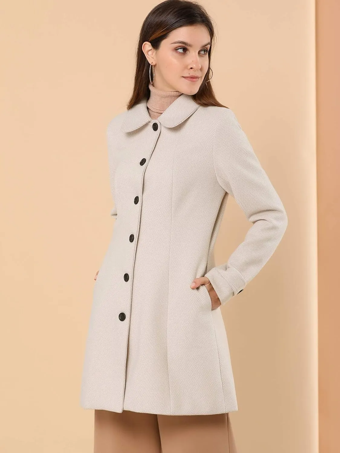 Allegra K Women's Peter Pan Collar Overcoat Single Breasted Pockets Winter Long Coat