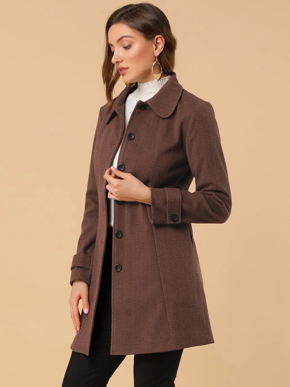 Allegra K Women's Peter Pan Collar Overcoat Single Breasted Pockets Winter Long Coat