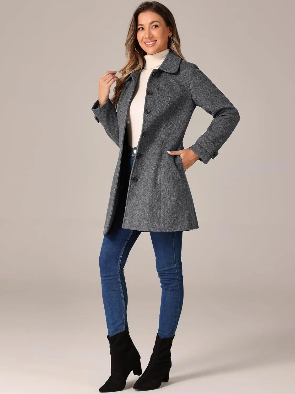 Allegra K Women's Peter Pan Collar Overcoat Single Breasted Pockets Winter Long Coat