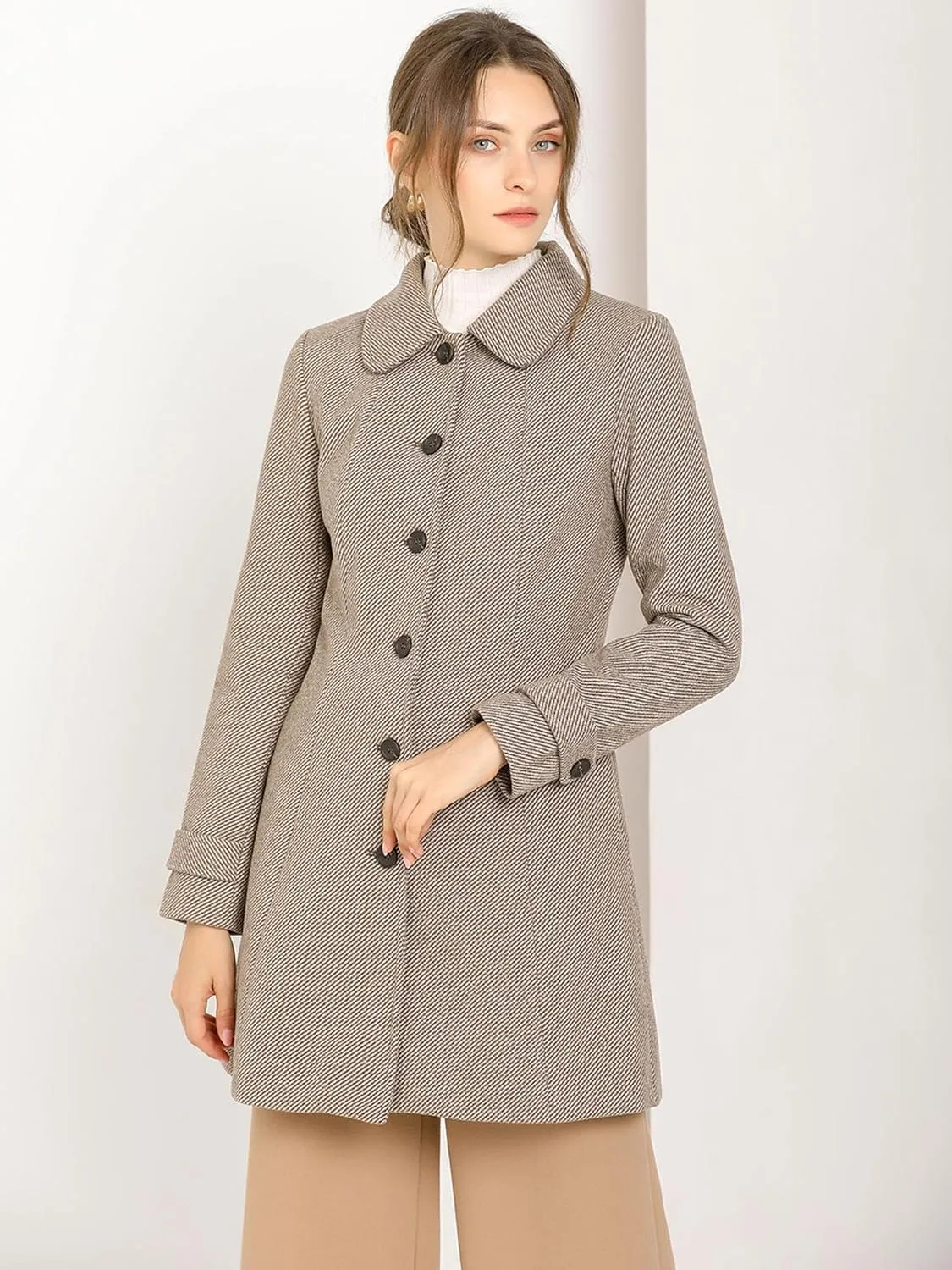 Allegra K Women's Peter Pan Collar Overcoat Single Breasted Pockets Winter Long Coat