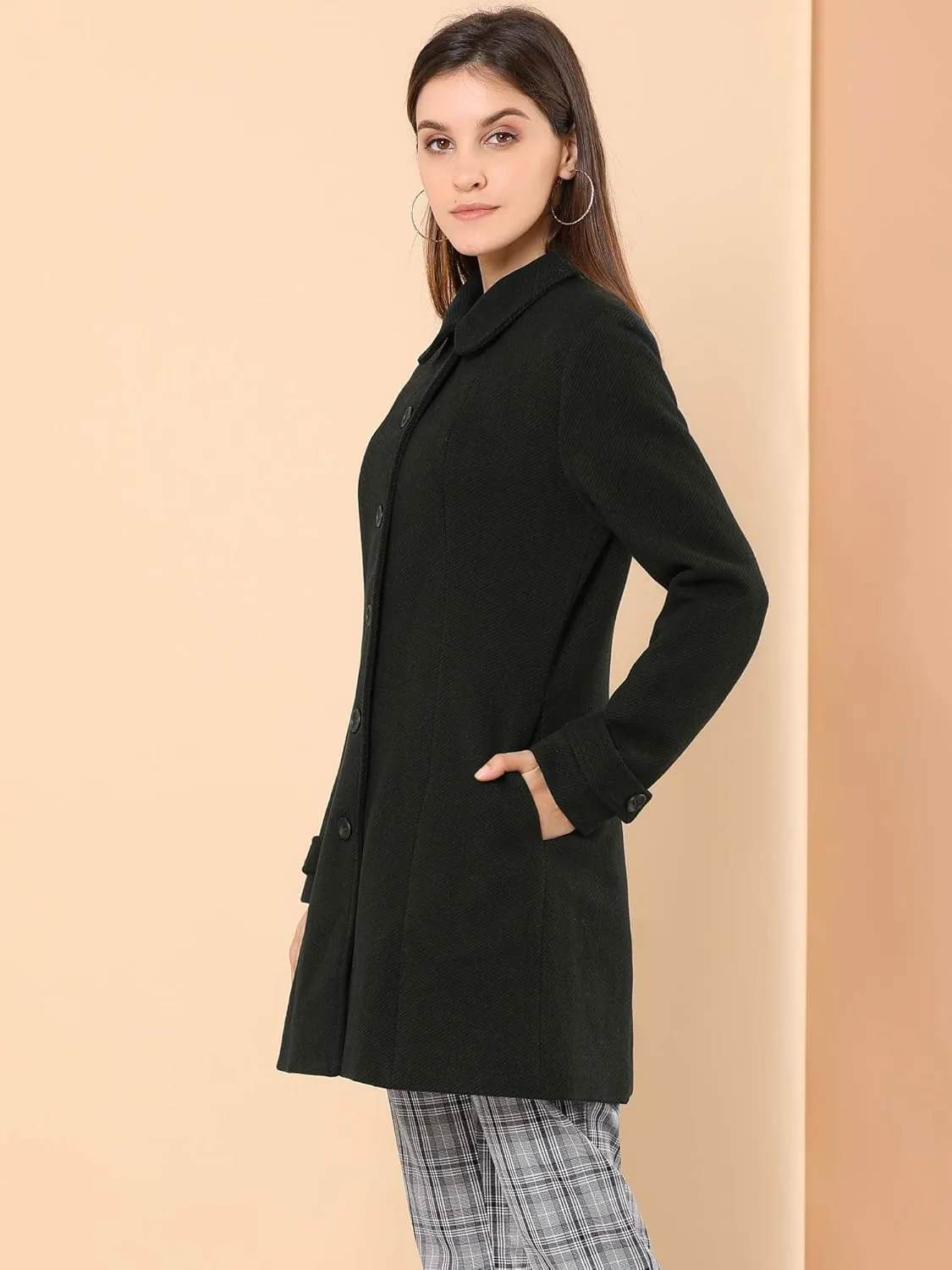 Allegra K Women's Peter Pan Collar Overcoat Single Breasted Pockets Winter Long Coat