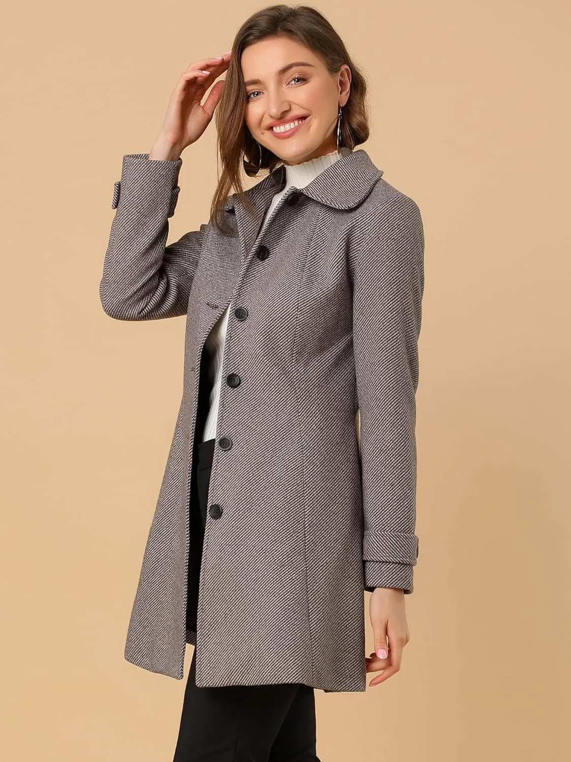 Allegra K Women's Peter Pan Collar Overcoat Single Breasted Pockets Winter Long Coat