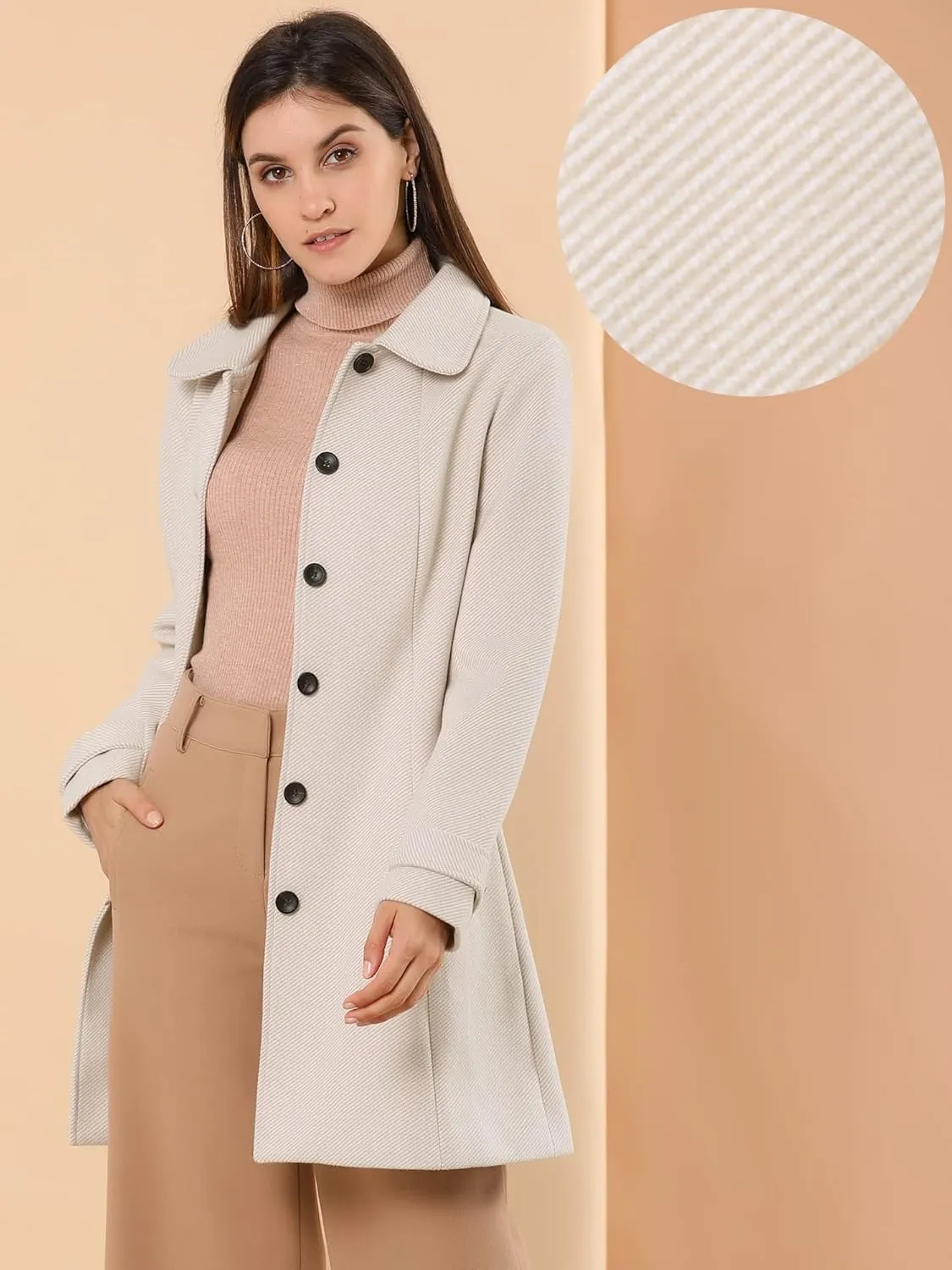 Allegra K Women's Peter Pan Collar Overcoat Single Breasted Pockets Winter Long Coat