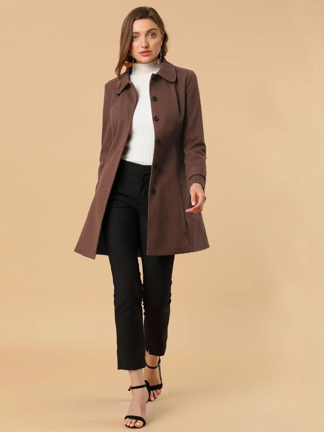 Allegra K Women's Peter Pan Collar Overcoat Single Breasted Pockets Winter Long Coat