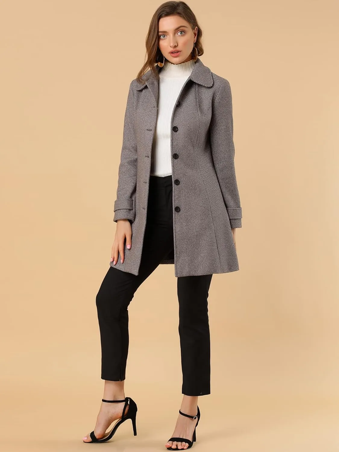 Allegra K Women's Peter Pan Collar Overcoat Single Breasted Pockets Winter Long Coat