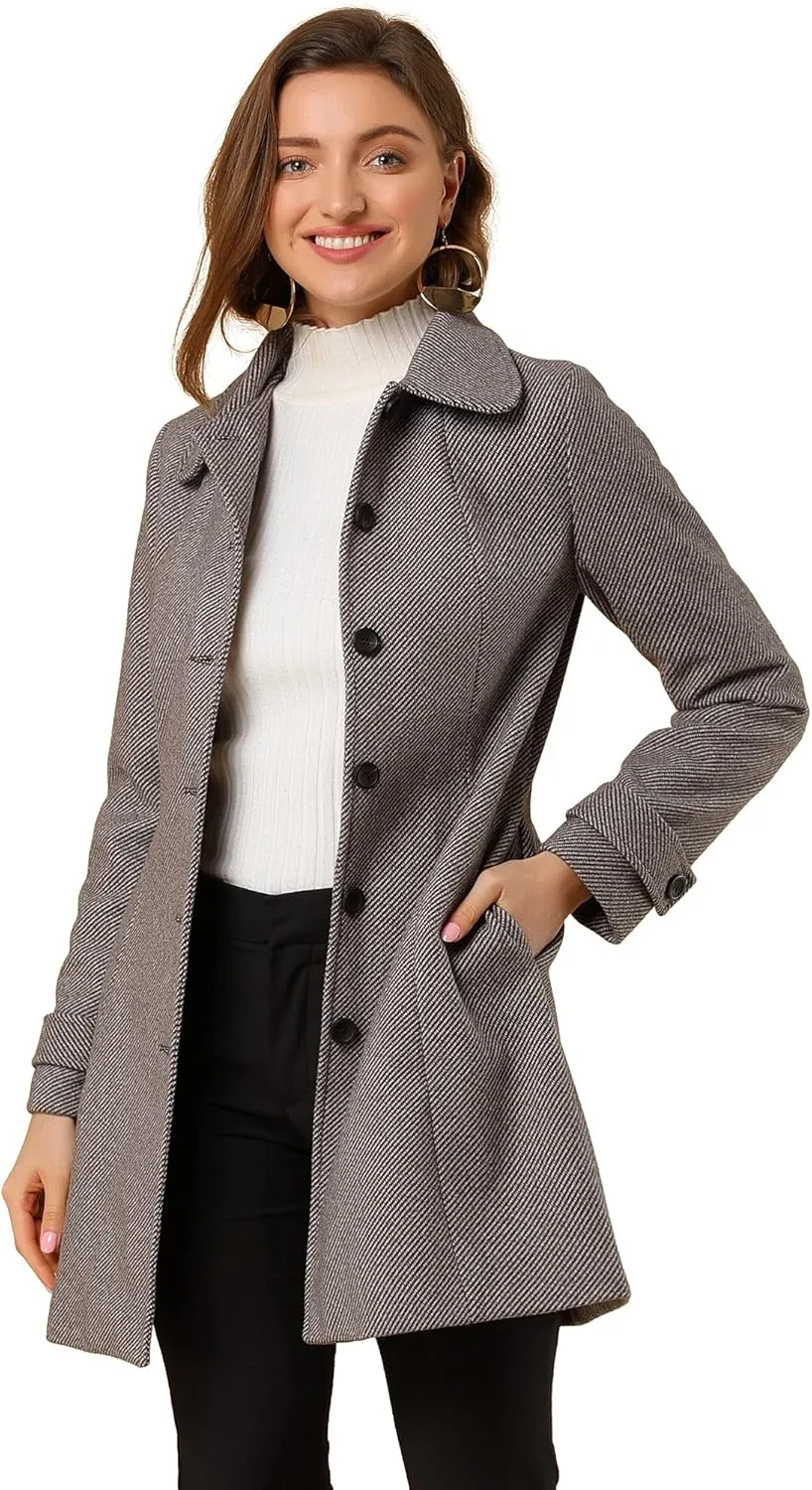 Allegra K Women's Peter Pan Collar Overcoat Single Breasted Pockets Winter Long Coat
