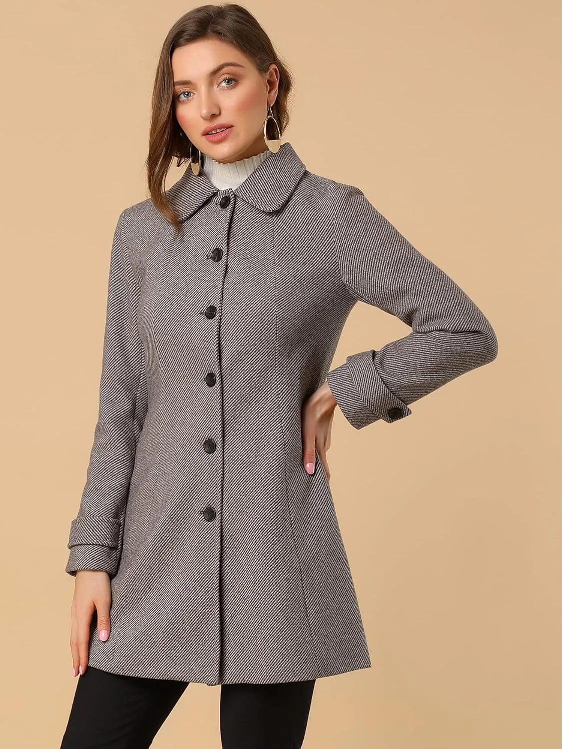 Allegra K Women's Peter Pan Collar Overcoat Single Breasted Pockets Winter Long Coat
