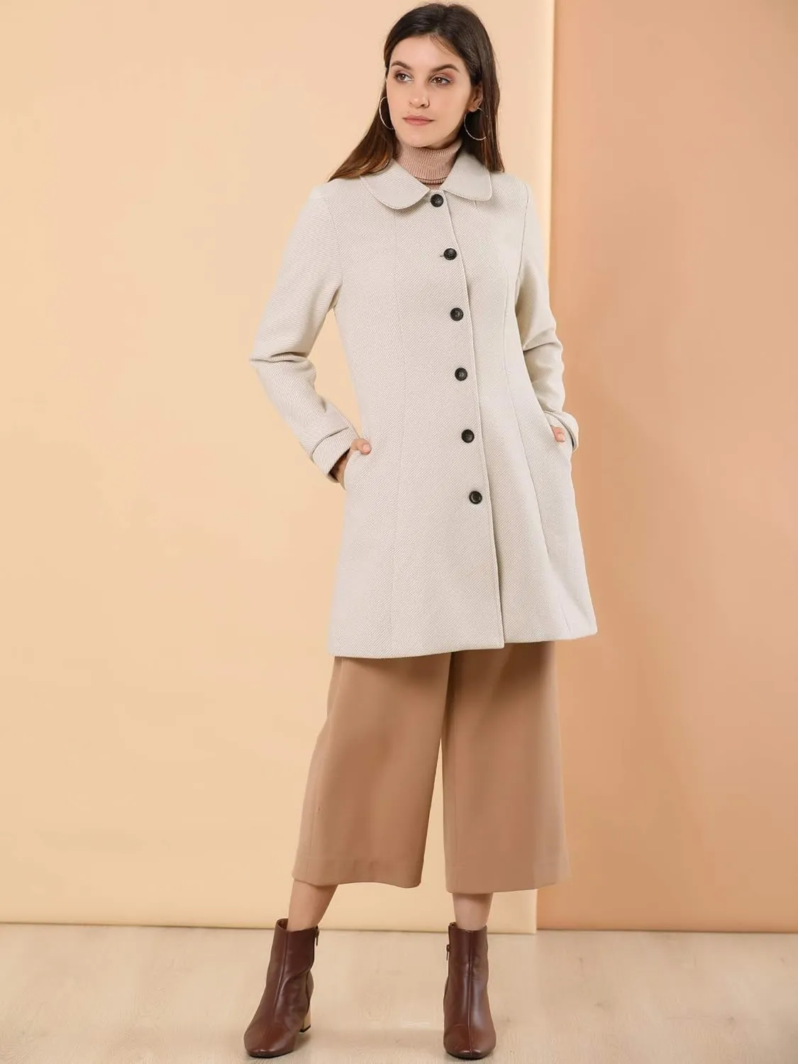 Allegra K Women's Peter Pan Collar Overcoat Single Breasted Pockets Winter Long Coat