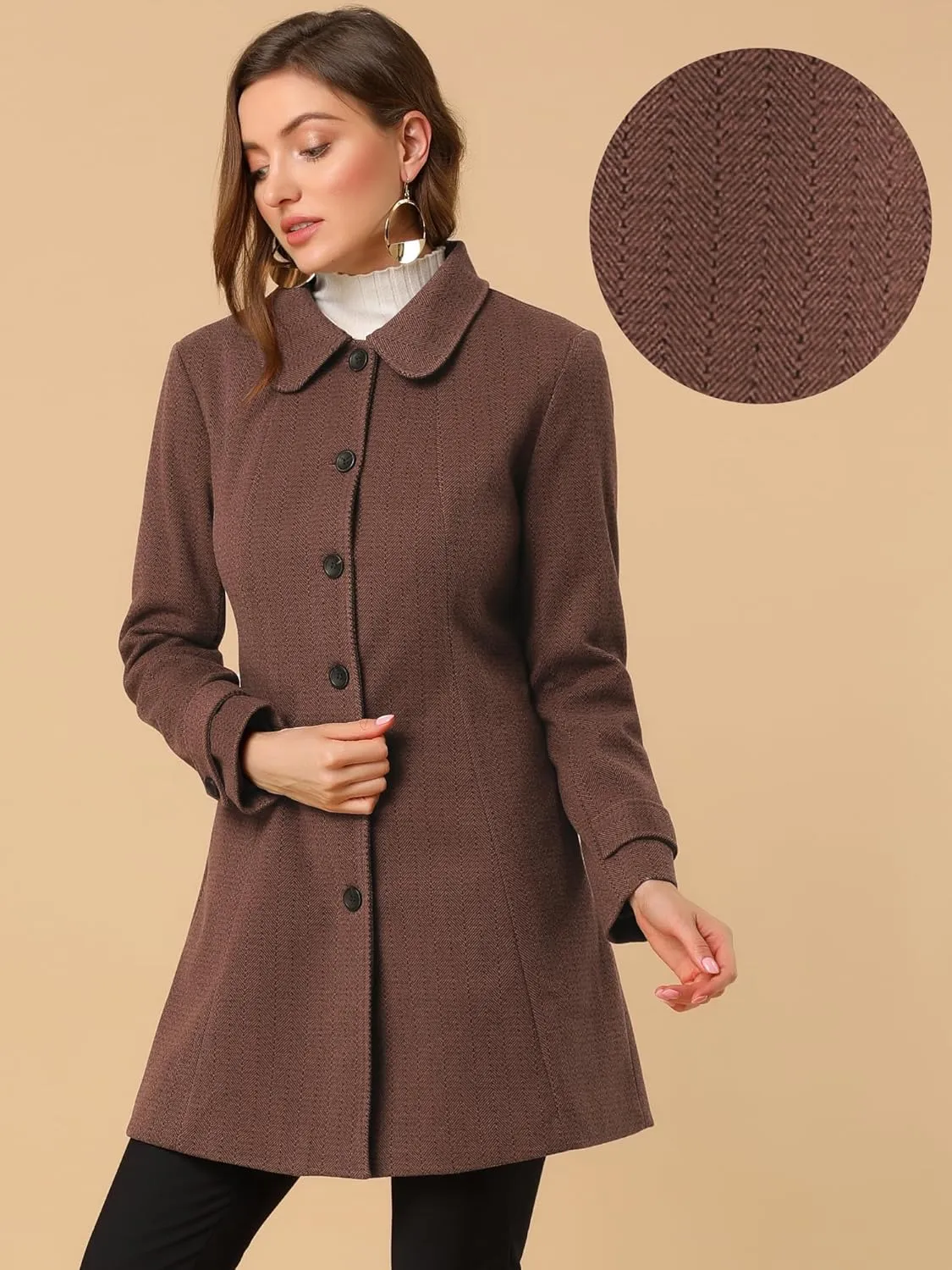 Allegra K Women's Peter Pan Collar Overcoat Single Breasted Pockets Winter Long Coat