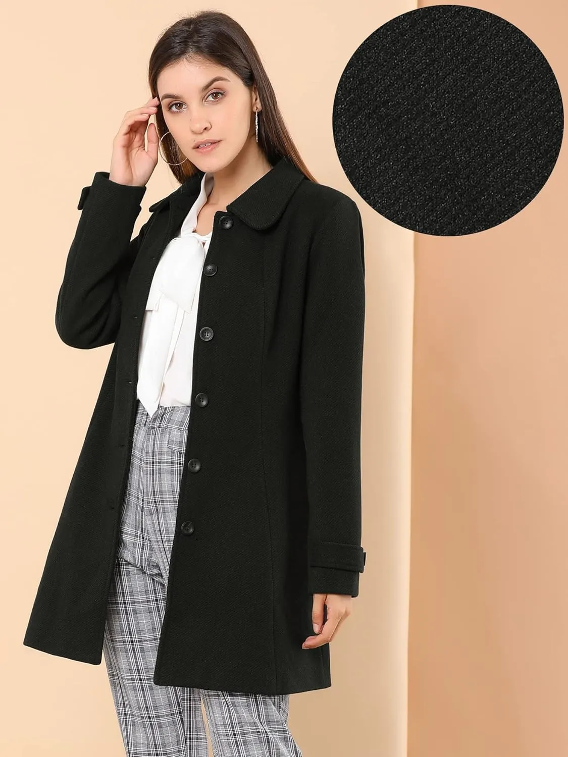 Allegra K Women's Peter Pan Collar Overcoat Single Breasted Pockets Winter Long Coat