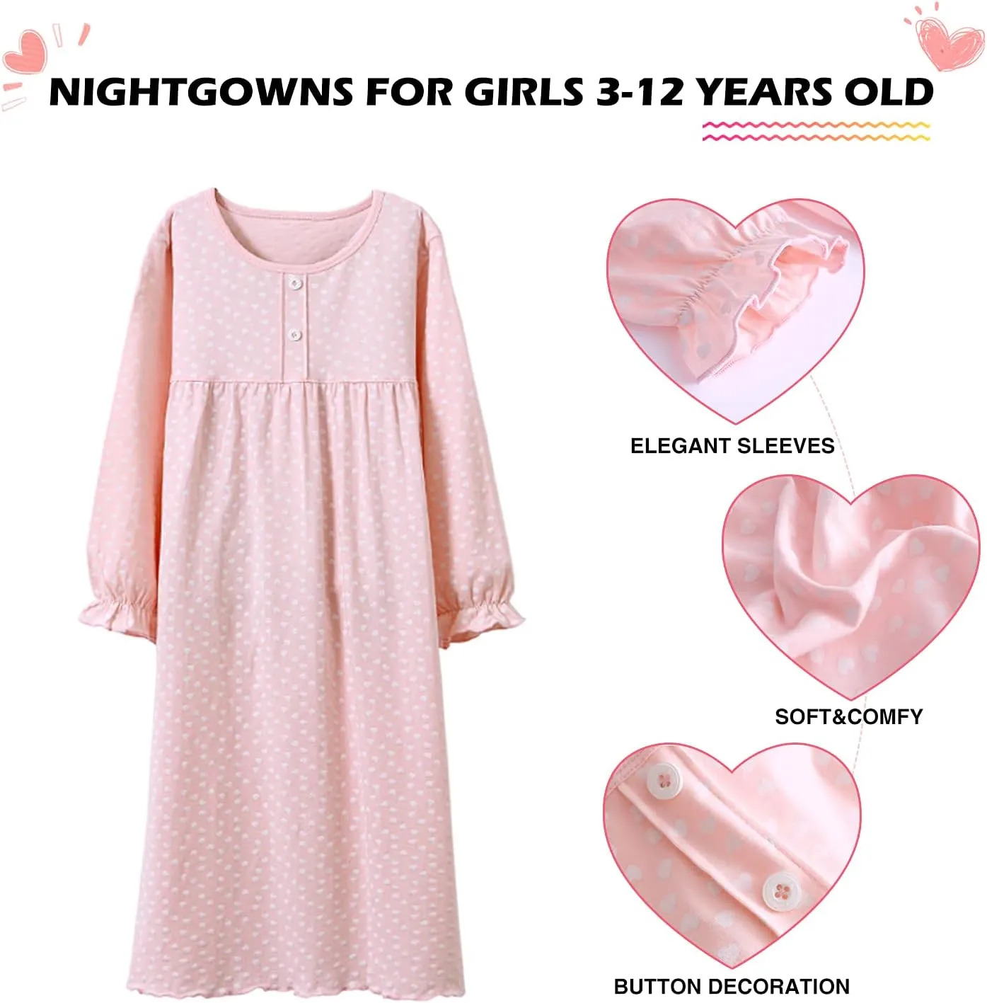 BANGSAUR Girls' Dress Set Cotton Sleepshirts, Heart Print Princess Daily Dress, 2-Pack Casual Dress Girl 3-12 Years