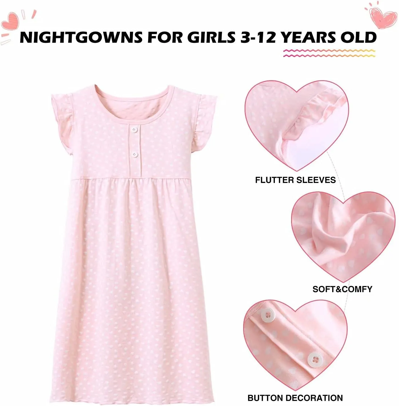 BANGSAUR Girls' Dress Set Cotton Sleepshirts, Heart Print Princess Daily Dress, 2-Pack Casual Dress Girl 3-12 Years