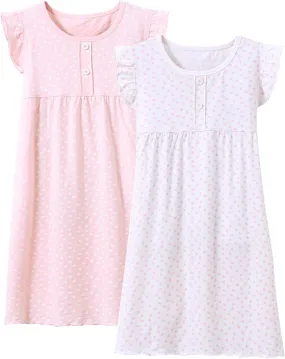 BANGSAUR Girls' Dress Set Cotton Sleepshirts, Heart Print Princess Daily Dress, 2-Pack Casual Dress Girl 3-12 Years