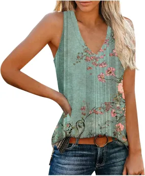 Boho Floral Tank Top for Women Sleeveless V Neck Summer Casual Loose Fit Printed Camisole Blouse with Side Split