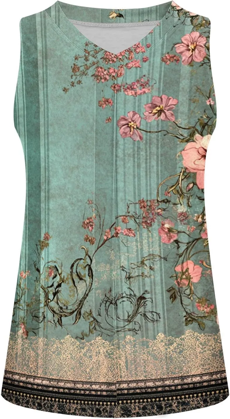 Boho Floral Tank Top for Women Sleeveless V Neck Summer Casual Loose Fit Printed Camisole Blouse with Side Split