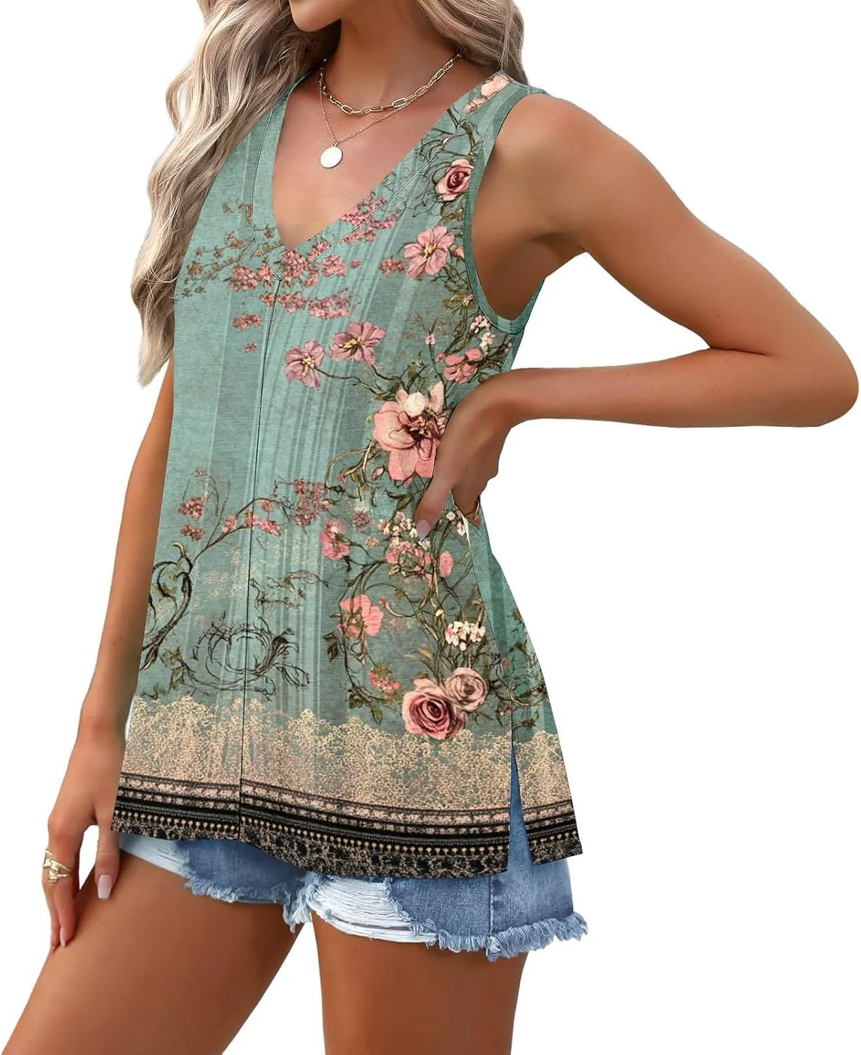 Boho Floral Tank Top for Women Sleeveless V Neck Summer Casual Loose Fit Printed Camisole Blouse with Side Split