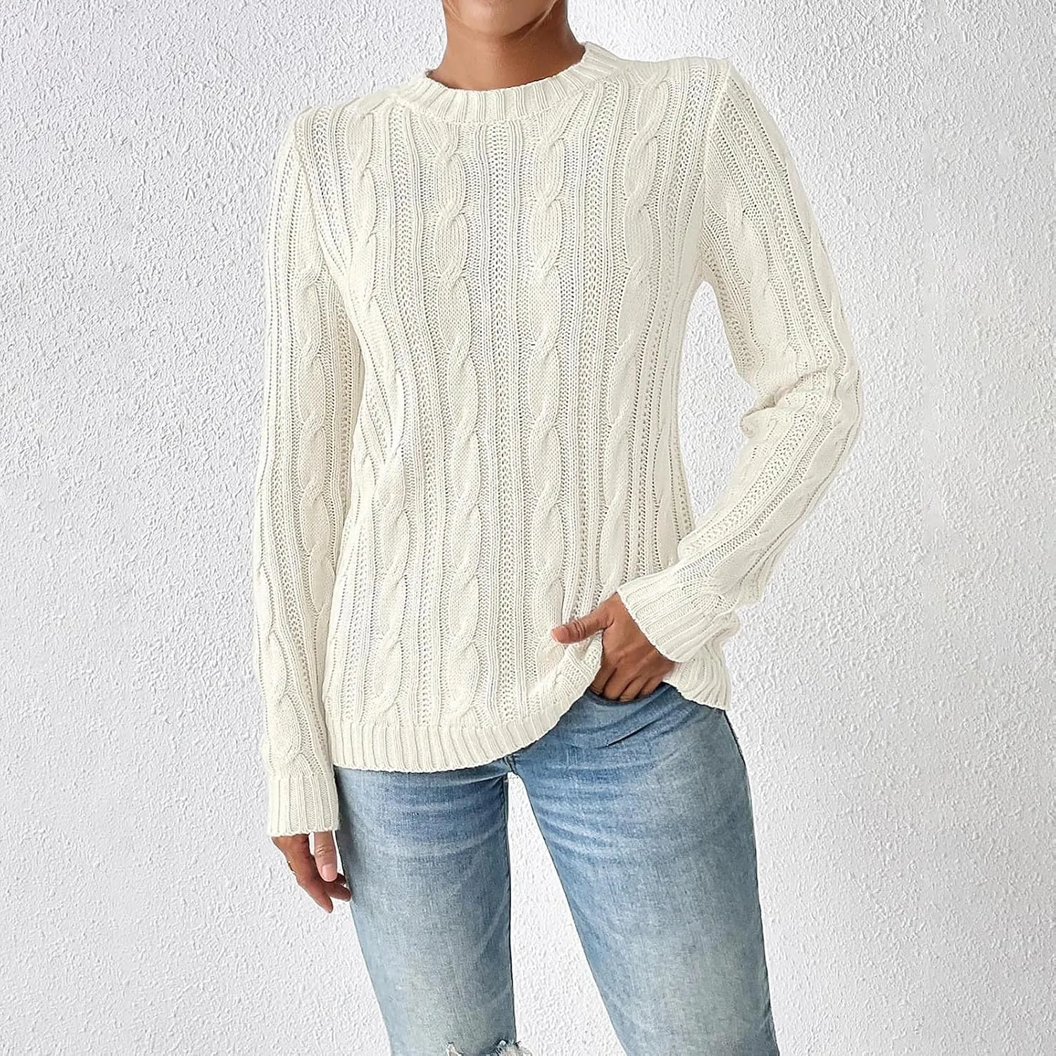 Cable Knit Sweater Women Crewneck Knit Pullover Sweater Trendy Crochet Slim Fit Knitwear Fall Winter Basic Jumper Tops