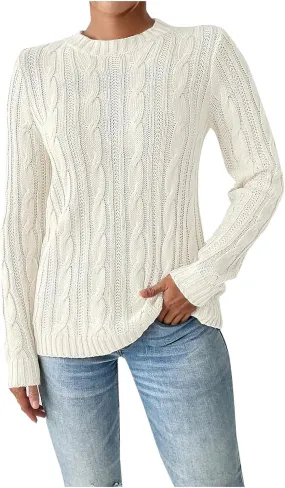 Cable Knit Sweater Women Crewneck Knit Pullover Sweater Trendy Crochet Slim Fit Knitwear Fall Winter Basic Jumper Tops
