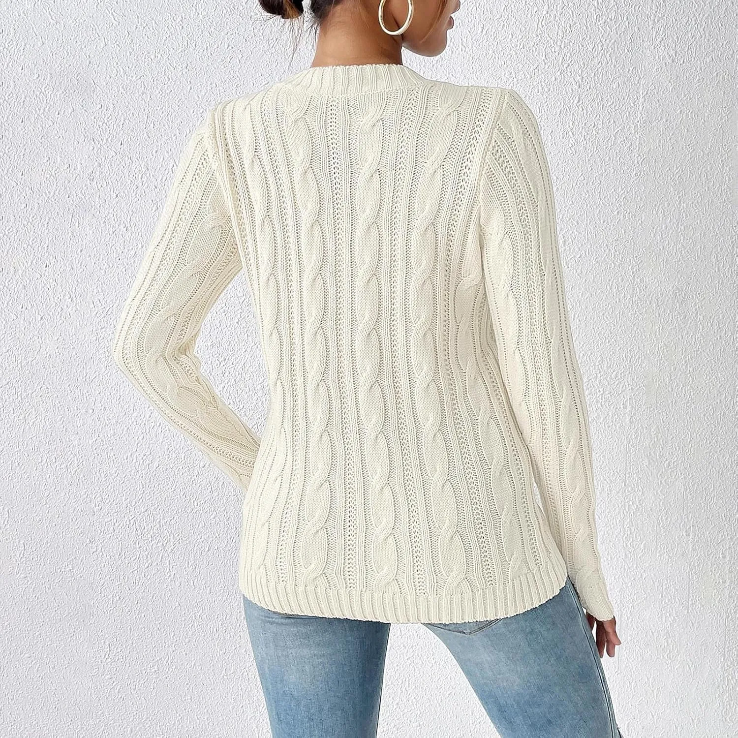 Cable Knit Sweater Women Crewneck Knit Pullover Sweater Trendy Crochet Slim Fit Knitwear Fall Winter Basic Jumper Tops