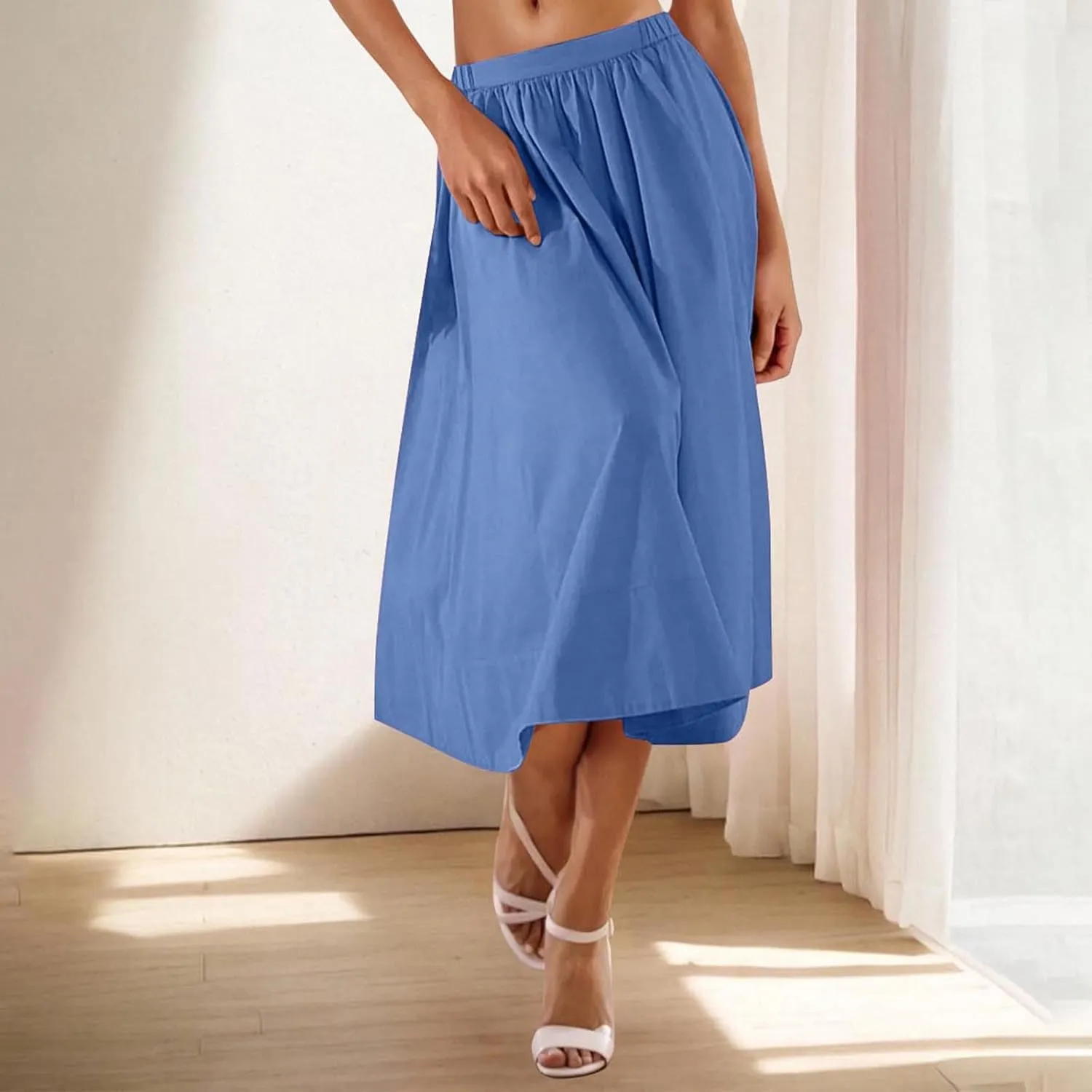 Casual Maxi Skirt for Women Summer Boho Elastic High Waist A-Line Dress Flowy Ruffle Swing Tiered Long Beach Skirt