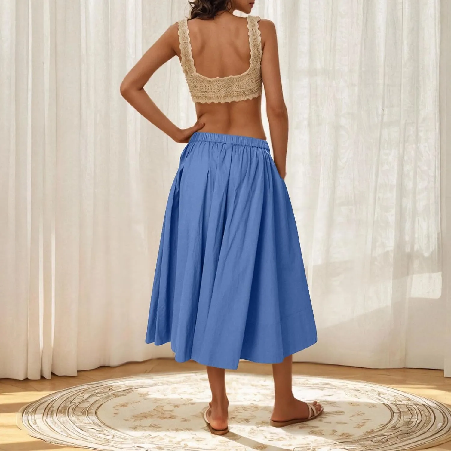 Casual Maxi Skirt for Women Summer Boho Elastic High Waist A-Line Dress Flowy Ruffle Swing Tiered Long Beach Skirt