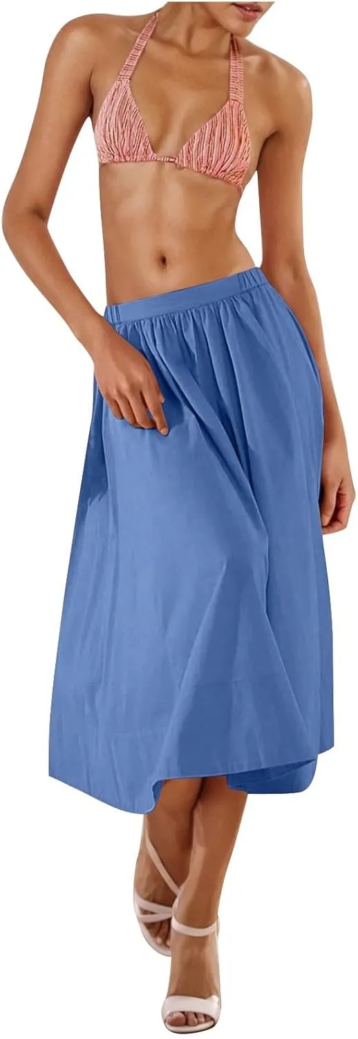 Casual Maxi Skirt for Women Summer Boho Elastic High Waist A-Line Dress Flowy Ruffle Swing Tiered Long Beach Skirt