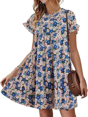 Chuanqi Womens Ruffles Boho Floral Printed Babydoll Loose Swing Casual Short Mini T-Shirt Dress