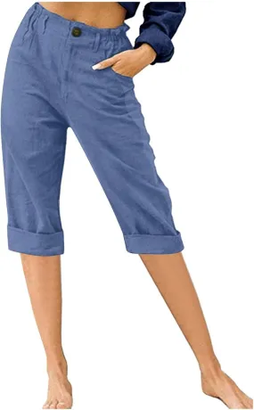 Cotton Linen Capri Pants for Women Casual Summer Straight Leg Trouser Buttons High Waist Cropped Pant with Pocket