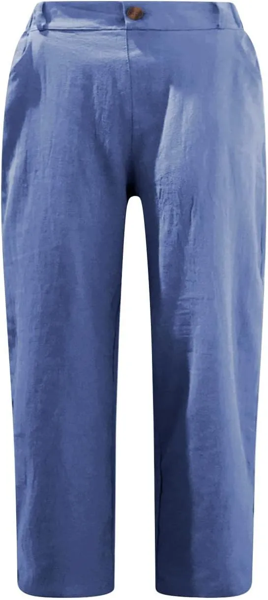 Cotton Linen Capri Pants for Women Casual Summer Straight Leg Trouser Buttons High Waist Cropped Pant with Pocket