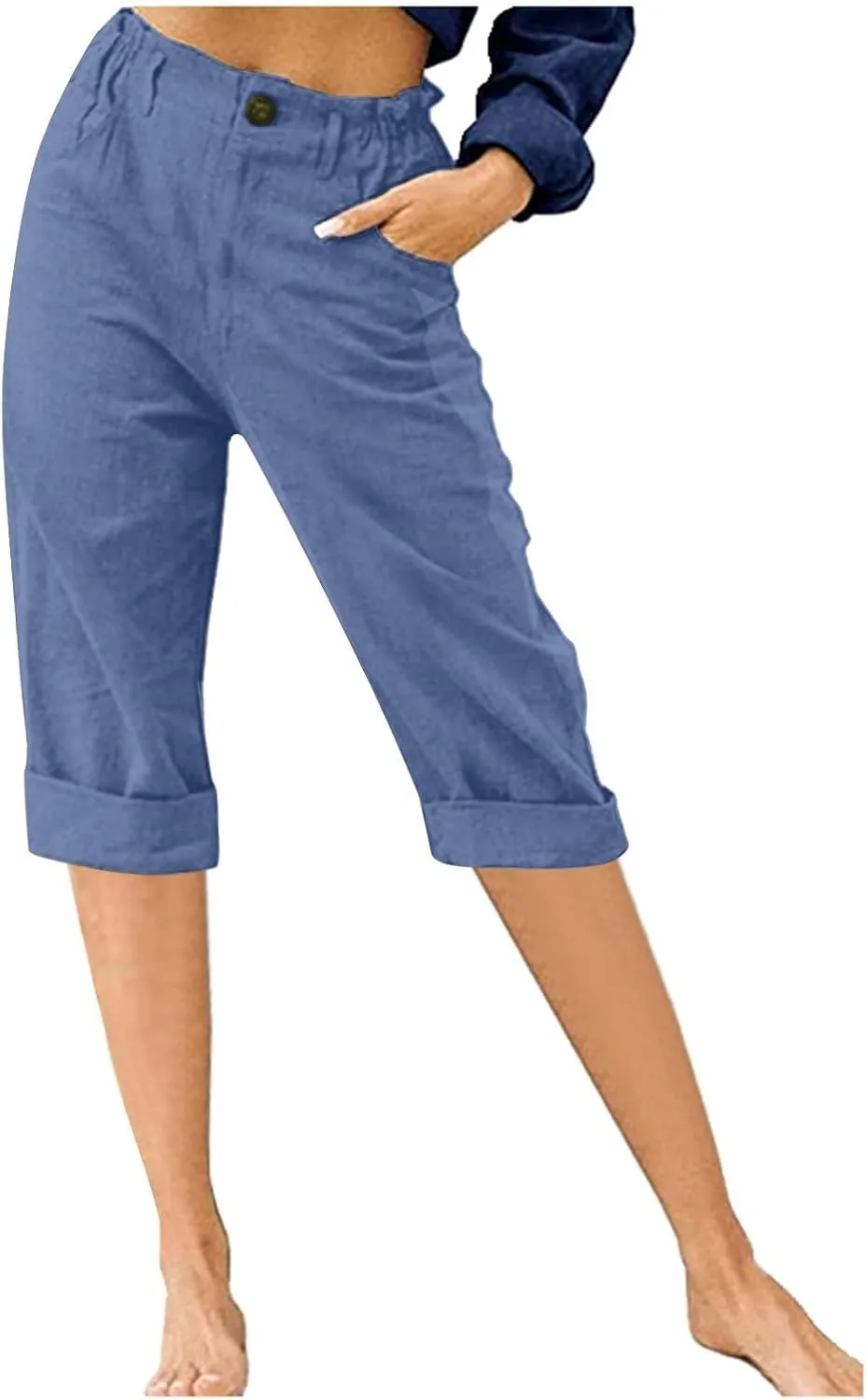 Cotton Linen Capri Pants for Women Casual Summer Straight Leg Trouser Buttons High Waist Cropped Pant with Pocket