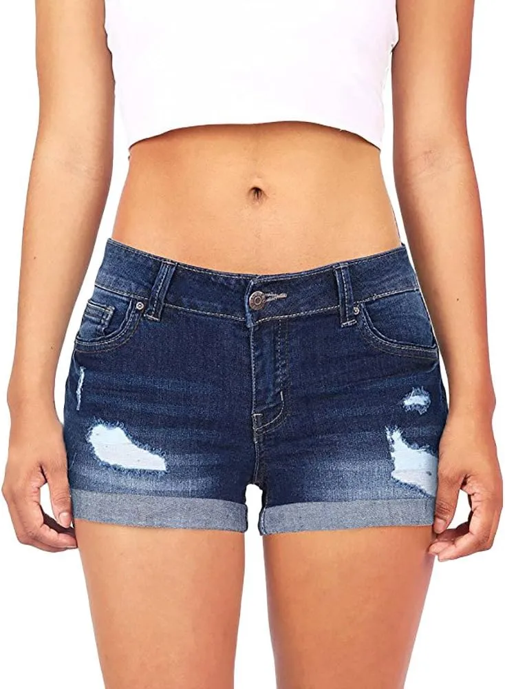 Denim Shorts for Women High Waisted Stretchy Cute Ripped Hole Mom Jean Shorts Solid Rolled Hem Slim Shorts Womens Shorts for Summer Dressy