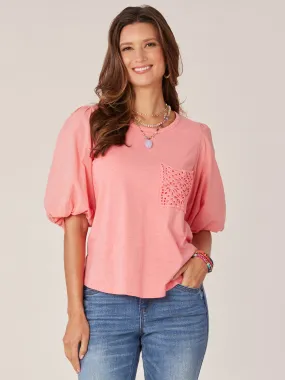 Elbow Blouson Puff Sleeve Scoop Neck Knit Top with Crochet Pocket