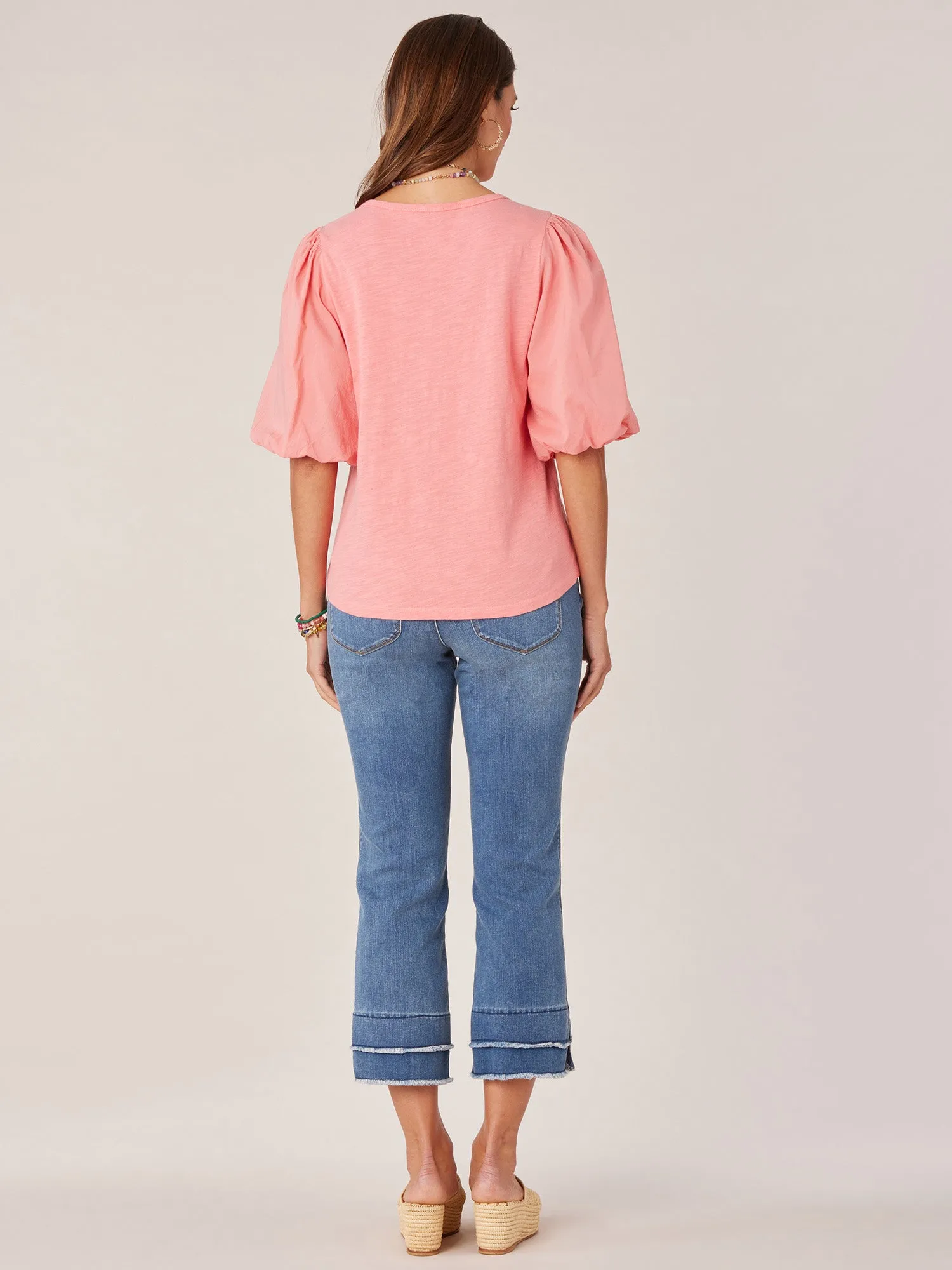 Elbow Blouson Puff Sleeve Scoop Neck Knit Top with Crochet Pocket