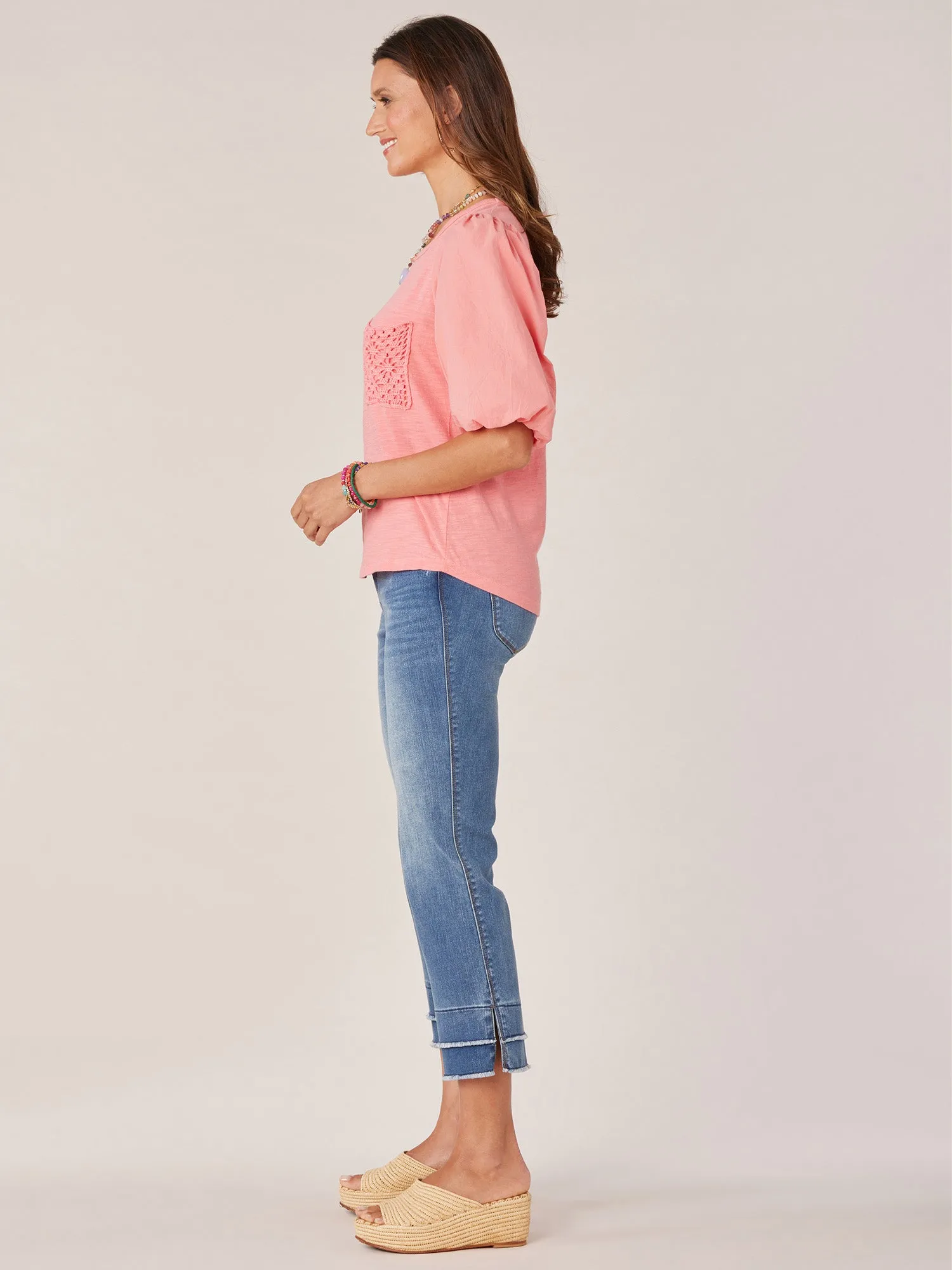 Elbow Blouson Puff Sleeve Scoop Neck Knit Top with Crochet Pocket
