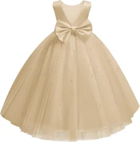 Flower Girl Dress for Wedding Pearls Tulle Dress Kids Princess Communion Pageant Ankle Length Dresses with Bow-Knot