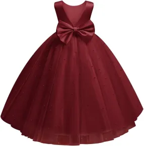 Flower Girl Dress for Wedding Pearls Tulle Dress Kids Princess Communion Pageant Ankle Length Dresses with Bow-Knot