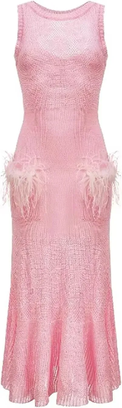 GUOYUXIAO Women's Dress Knitte Round Neck Sleeveless Long Dress