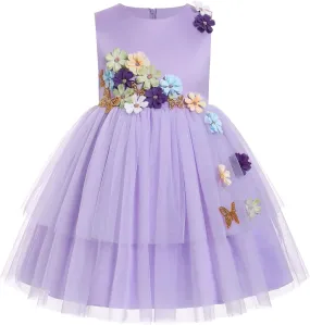 IBTOM CASTLE Toddler Flower Girl Dress Sleevelss 3D Flowers Tiered Tulle Tutu Dress Kids Princess Formal Birthday Party Dress