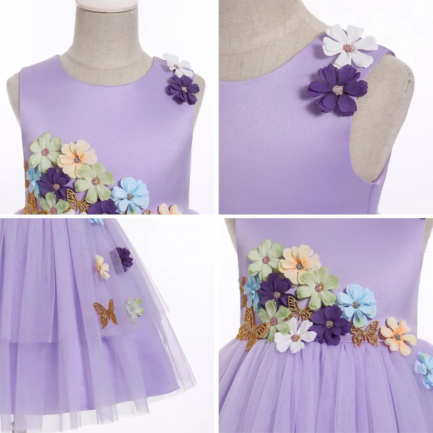 IBTOM CASTLE Toddler Flower Girl Dress Sleevelss 3D Flowers Tiered Tulle Tutu Dress Kids Princess Formal Birthday Party Dress