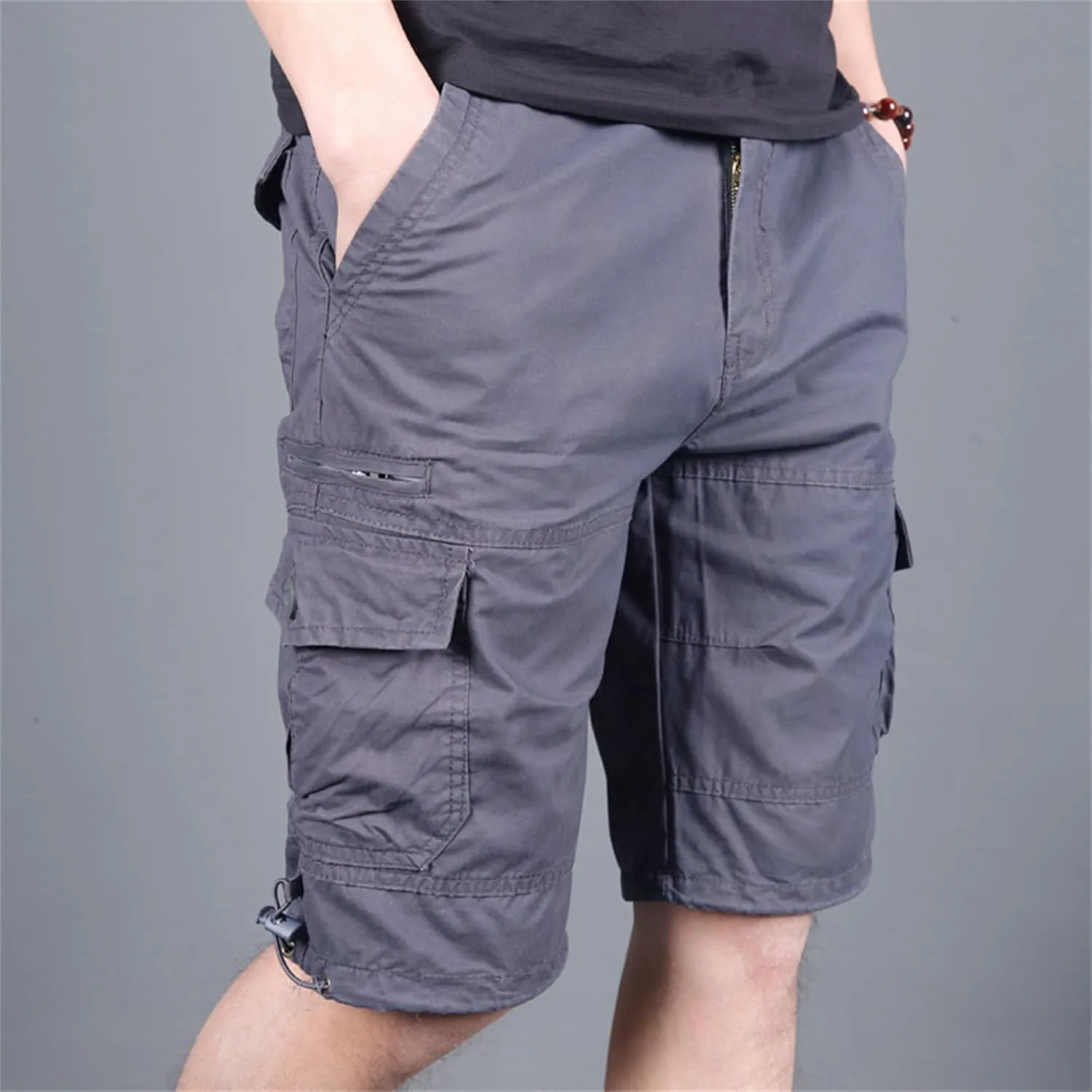 JEsilunmaMY Men's Elastic Waist Casual Cargo Shorts Multi-Pockets Summer Beach Shorts Relaxed Fit Working Cotton Shorts