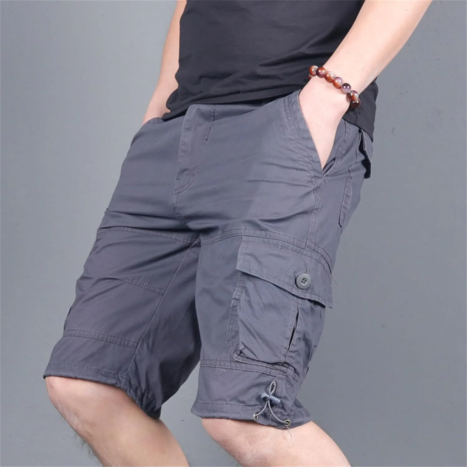 JEsilunmaMY Men's Elastic Waist Casual Cargo Shorts Multi-Pockets Summer Beach Shorts Relaxed Fit Working Cotton Shorts